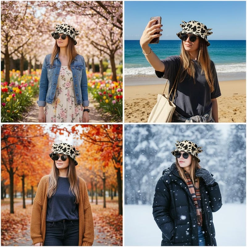 QANQIUPLE Cow Print Bucket Hat with Cute Horn Ears Cow Print Summer Beach Sun Hat Fisherman's Cow Bucket Hat - Image 2